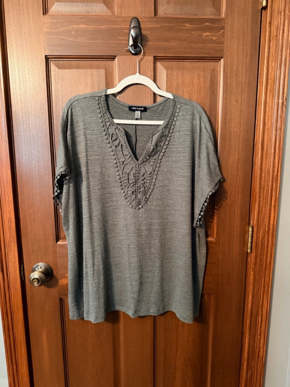 Cable & Gauge Olive Gray Crochet-Trim V-Neck Tunic